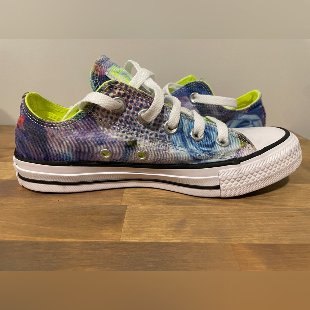 Converse Kids Low Top Sneakers in White with Blue and Neon Yellow Accents - Picture 2 of 7